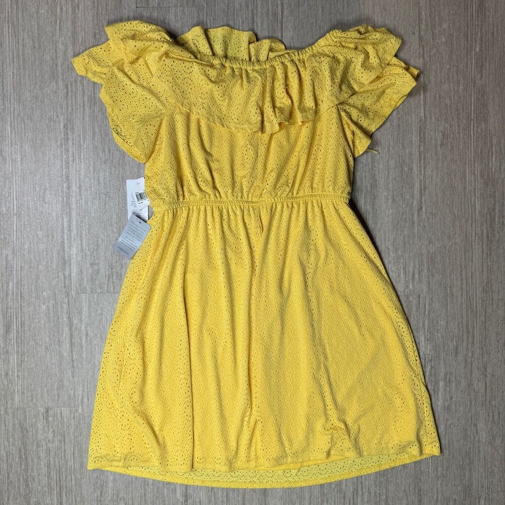 London Times Womens Yellow Crochet Knit Dress NEW 1X Lined Boat Neck Midi Ruffle - Picture 2 of 9